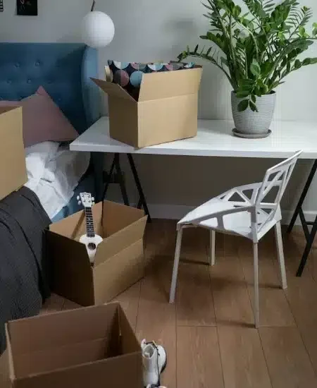 Dépôt de cartons lors d'un déménagement dans un petit appartement pour étudiant